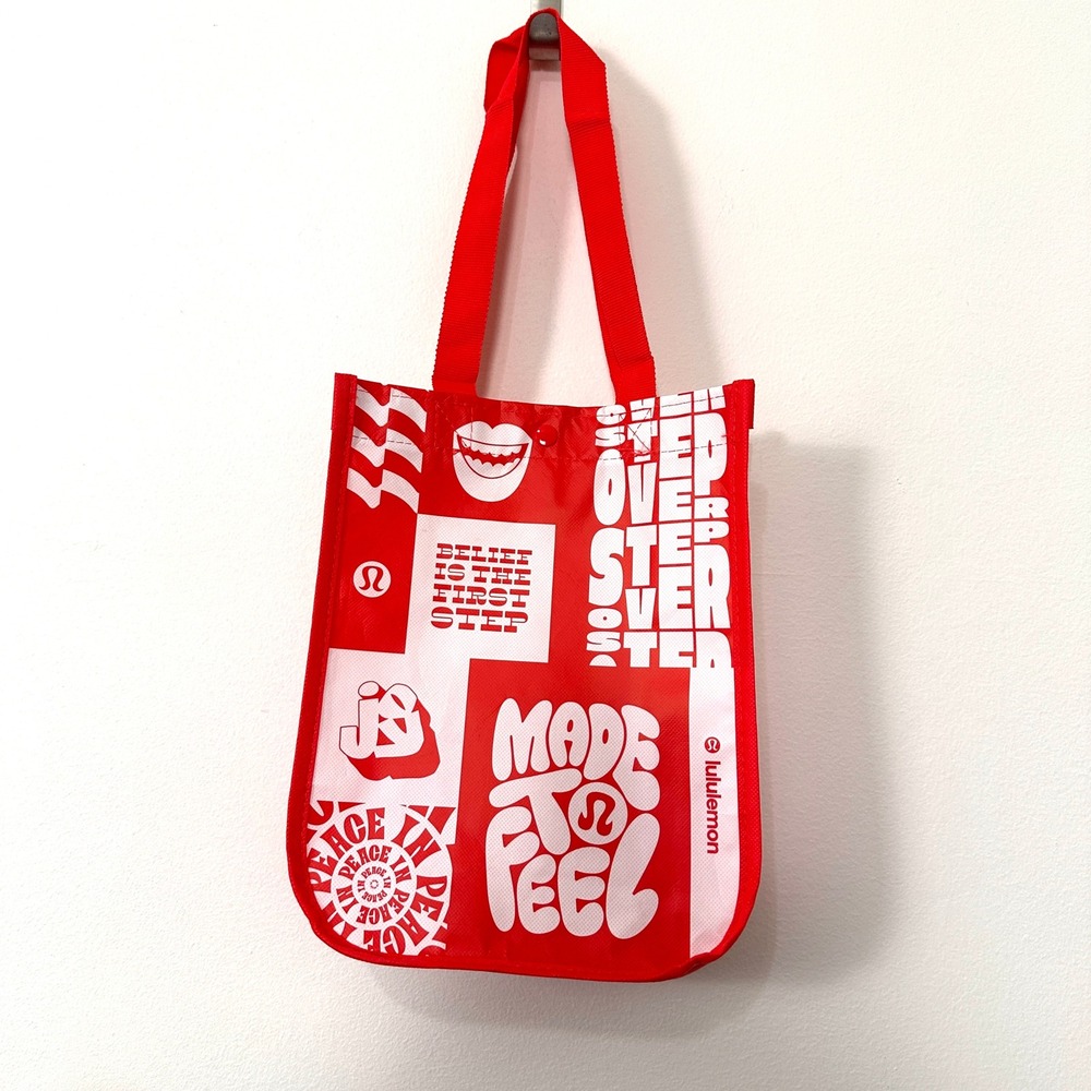 Lululemon Red White Graphic Reusable Tote Bag Small Shopper Lunch Bag Snap Top